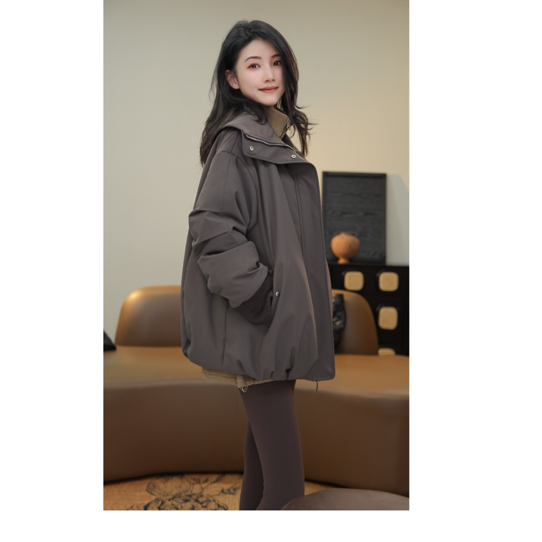 小乖逃时尚咖色棉服外套ET绒斜口袋美式风秋冬防风百搭款N95280