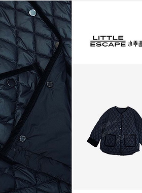 小乖逃休闲时尚菱格黑色棉服外套圆领宽松复古轻奢外套S24085