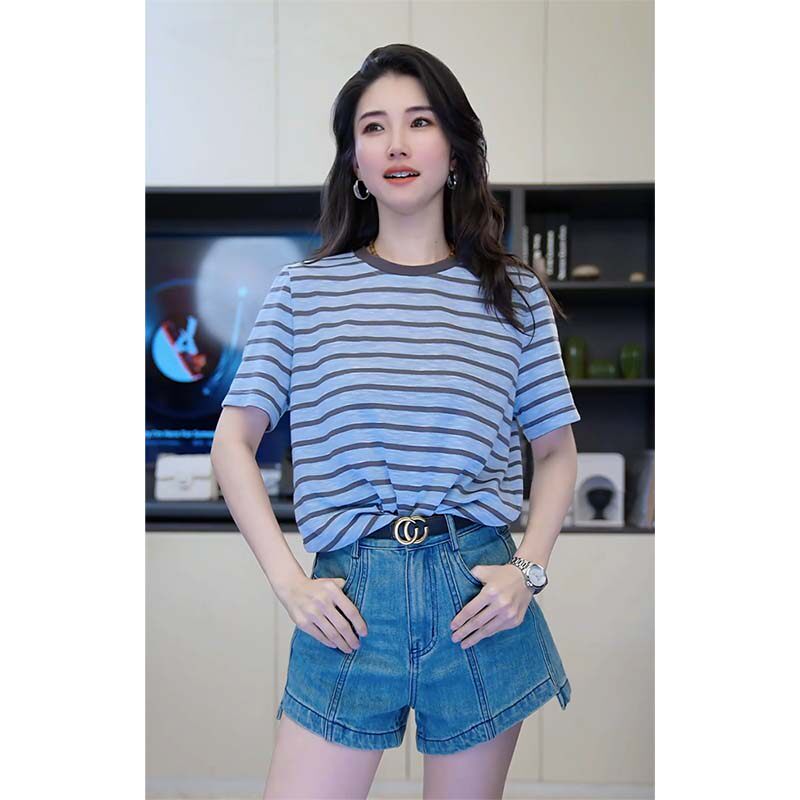 小乖逃X双色蓝色条纹粉色条纹T恤灰色领子咖色领繁花上衣 S25405