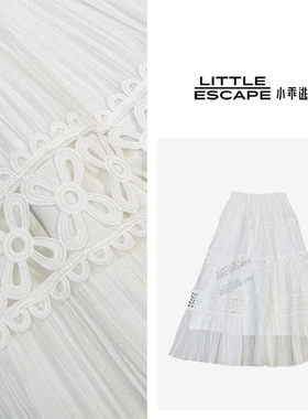 小乖逃弹力松紧腰白色半裙 镂空绣花A摆半裙 压褶层次裙  S25269