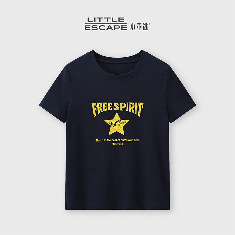 小乖逃JX美式复古藏蓝色星星T恤FR字母印花显瘦休闲打底M6211图片