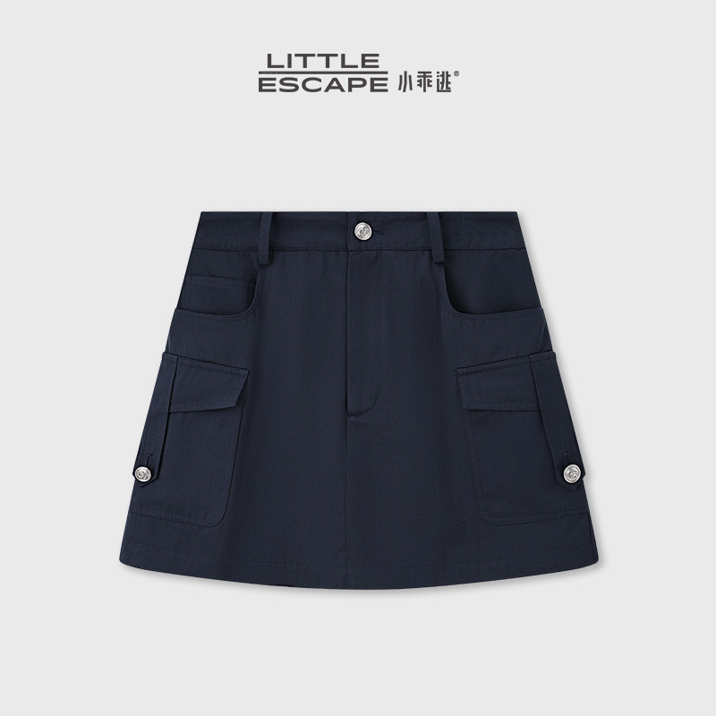 小乖逃JX藏蓝半裙单颗扣双口袋A摆藏蓝色半裙带内衬休闲裙 M8897