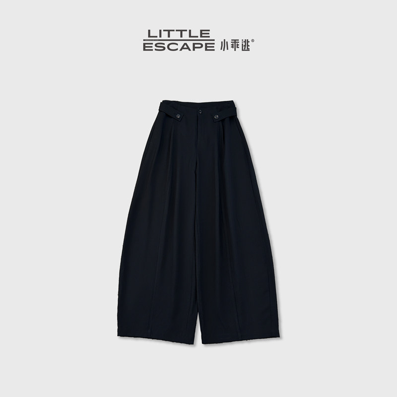 小乖逃JX设计感双扣翻腰阔腿裤前片垂顺显瘦高腰黑色休闲裤WL0002