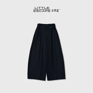 小乖逃JX设计感双扣翻腰阔腿裤前片垂顺显瘦高腰黑色休闲裤WL0002