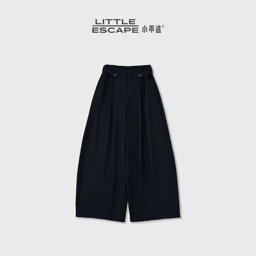 小乖逃JX设计感双扣翻腰阔腿裤前片垂顺显瘦高腰黑色休闲裤WL0002