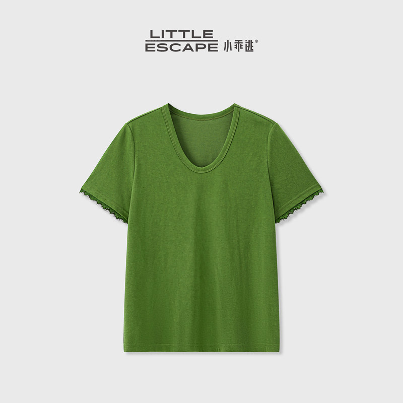 小乖逃JX法式温柔风U领T恤夏季显瘦袖口蕾丝边宽松休闲上衣260525