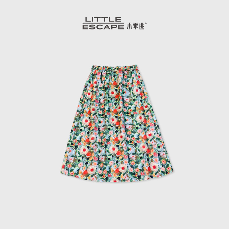 小乖逃莫奈油画玫瑰碎花半裙松紧腰A字大摆复古花卉长裙N95892