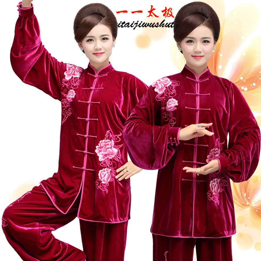 秋冬季金丝绒太极服女款演出服刺绣牡丹花不倒绒妈妈比赛服晨练服
