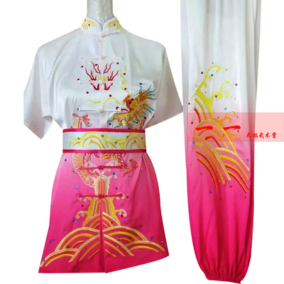 武术服武术表演服刺绣龙玫红渐变色男女比赛服长拳练功服南拳彩服