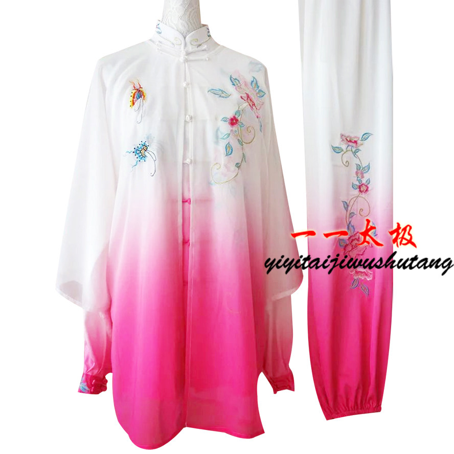 高档渐变太极服装太极拳比赛表演服女刺绣牡丹花过渡色披纱三件套