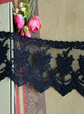 46D 客供 黑色 网底棉线绣双边蕾丝花边8.6公分宽 8元1米