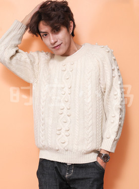 Vintage童趣森林文艺复古 立体麻花 乳白色手工编织套头纯毛衣