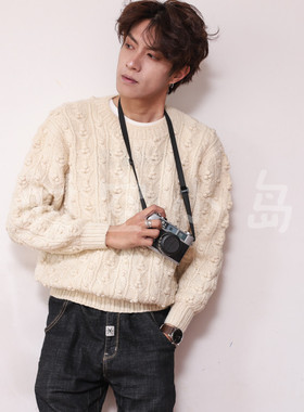 Vintage童趣森林文艺复古 立体豆豆 乳白色手工编织纯羊毛衣