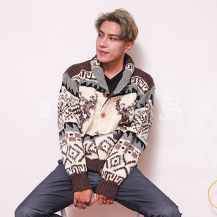 vintage古着风格 毛衣 北欧手工麋鹿卡通动物加拿大御寒加厚开衫