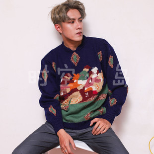 手工套头圆领保暖毛衣 贵族跑马图案 Vintage 童趣风景油画故事