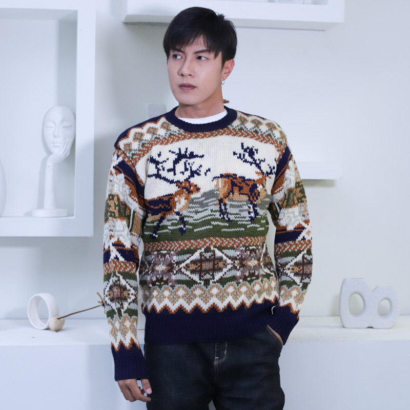 vintage高能手工费尔岛提花肌理 咖啡色圣诞麋鹿套头圆领羊毛毛衣