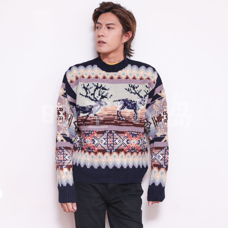 圣诞麋鹿氛围 立体肌理 童趣撞色 复古手织套头毛衣外套 男女