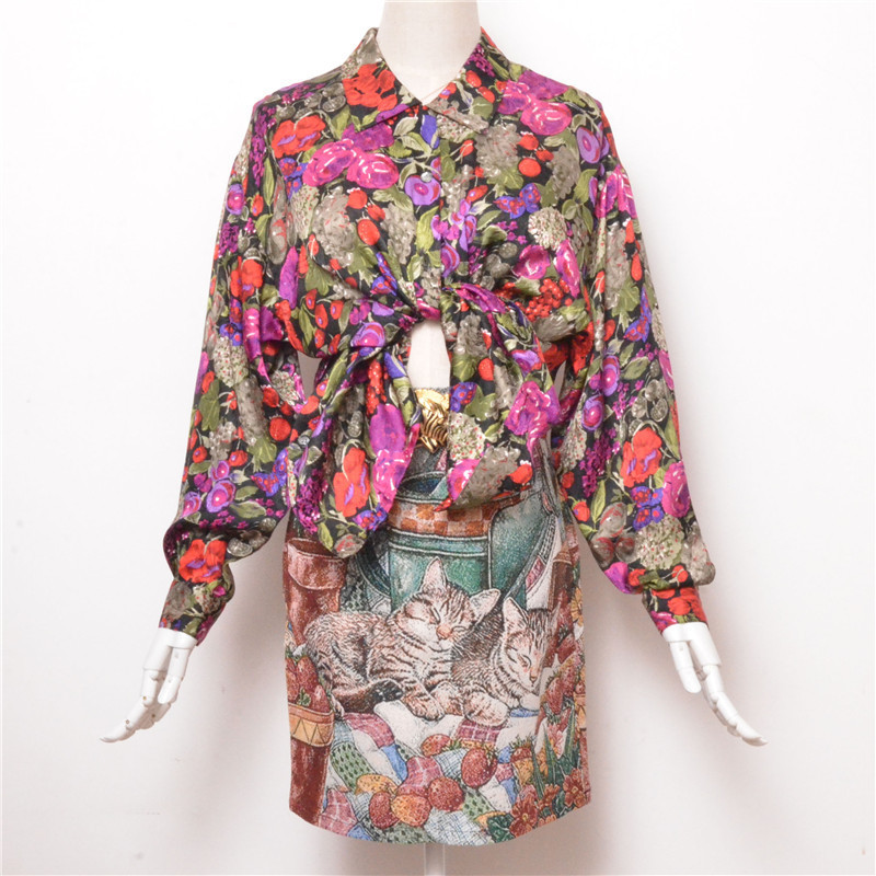 vintage田园风趣味水果真丝衬衫