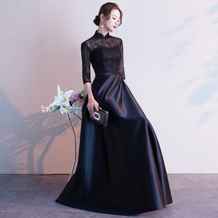 晚礼服新款宴会中国风礼仪颁奖典礼旗袍女黑色蕾丝主持人演出年会