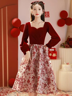 敬酒服女冬季新娘小个子红色小晚礼服订婚连衣裙长袖回门服高级