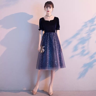 宝蓝色学生合唱舞蹈演出服晚礼服宴会主持连衣裙主持年会演出服秋