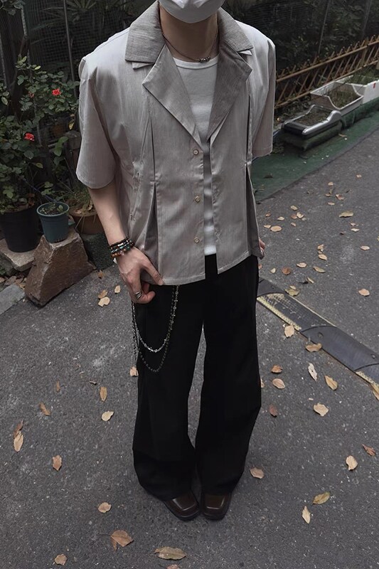 25/夏季~解构几何衬衫短袖假两件西装领衬衣男CS61-P78,男装T恤,电商A330-1