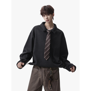 现货~ 美式复古宽松polo翻领卫衣外套头男女PL50-P68 送领带，女装短外套，电商A330-1
