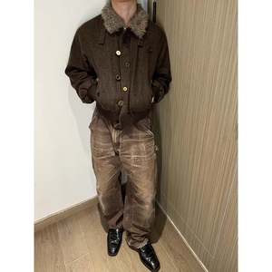 ~仿羊羔毛翻领厚外套冬季保暖棉衣男美式复古棉服YY54-P138