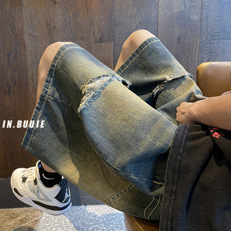 2023港风宽松破洞牛仔短裤潮流五分裤K032-P45控58，男装牛仔裤，电商A330-1