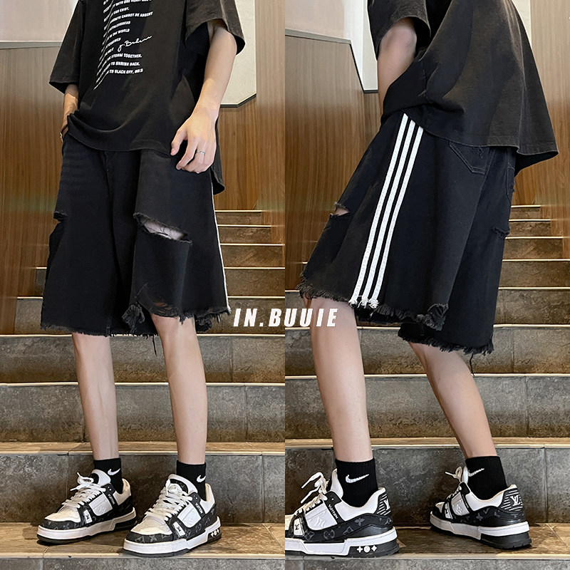 经典三条杠破洞牛仔短裤潮流休闲裤K030-P50控68M-2XL，男装牛仔裤，电商A330-1