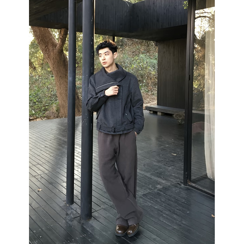 潮流~斜拉链多穿领型正肩廓形毛呢绑带夹克YY73-P128,男装夹克,电商A330-1