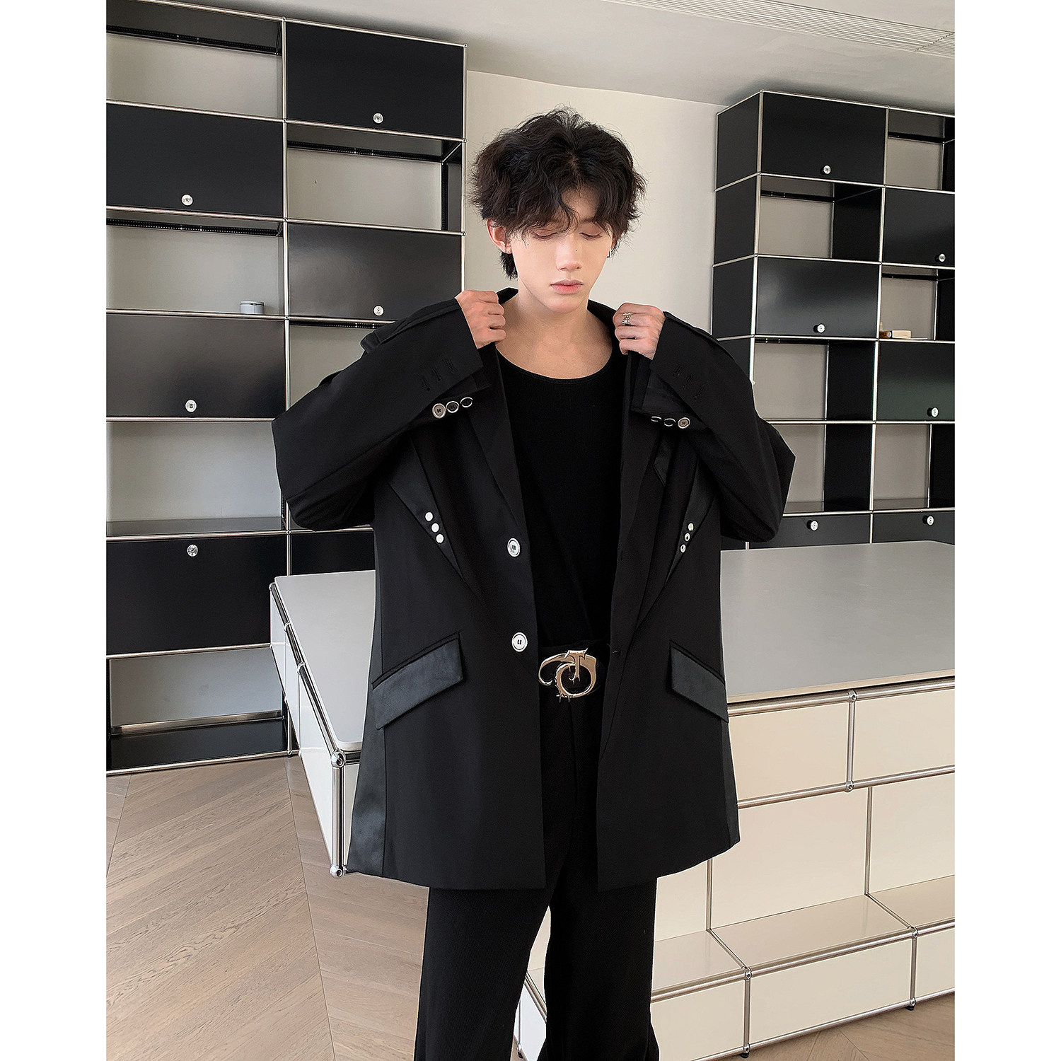 24/秋季高级解构pu皮拼接西服外套男XZ07-P118控148,男装西服,电商A330-1