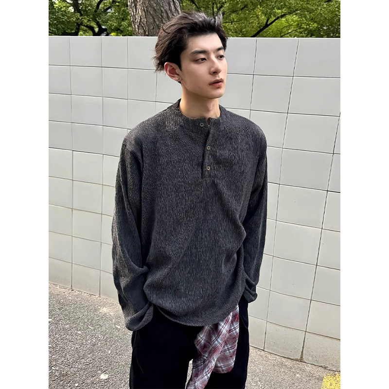 25/秋季美式复古亨利领长袖t恤男PL37-P38,男装T恤,电商A330-1