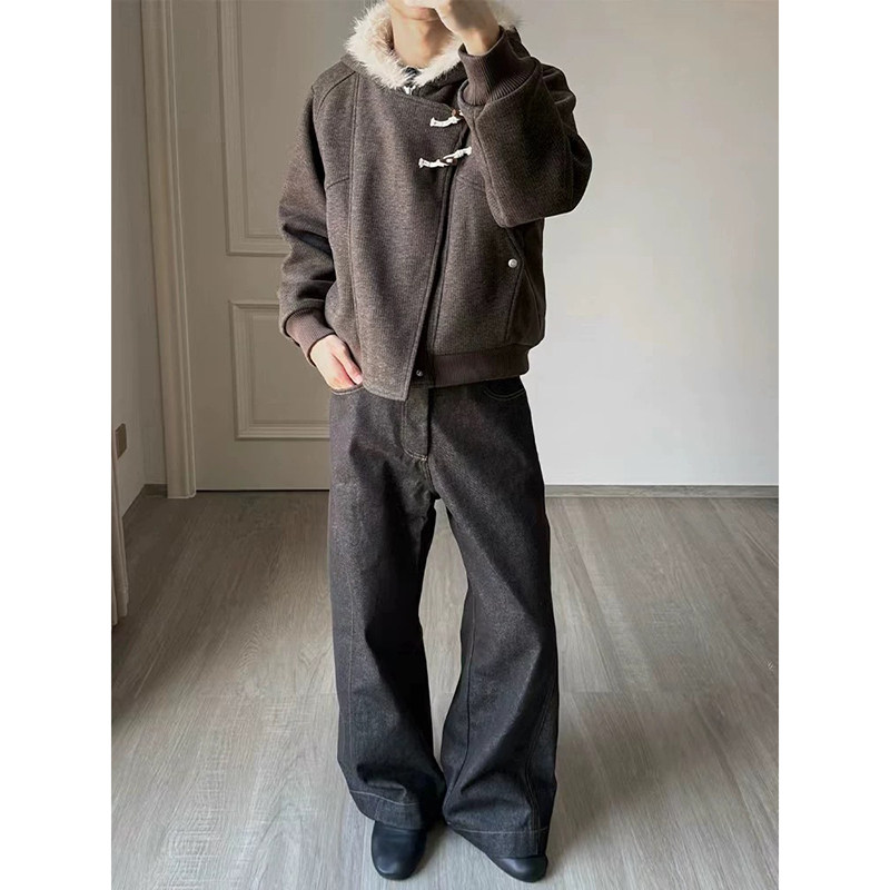 25/冬“软糯牛角”斜门襟牛角扣毛里新款座山雕毛呢外套Y32-P138,女装短外套,电商A330-1