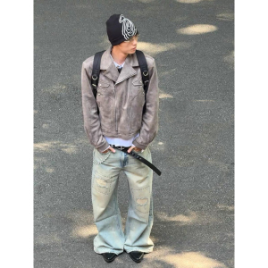 美式复古麂皮衣外套男秋春短款夹克翻领棒球服 JK136-P118图片