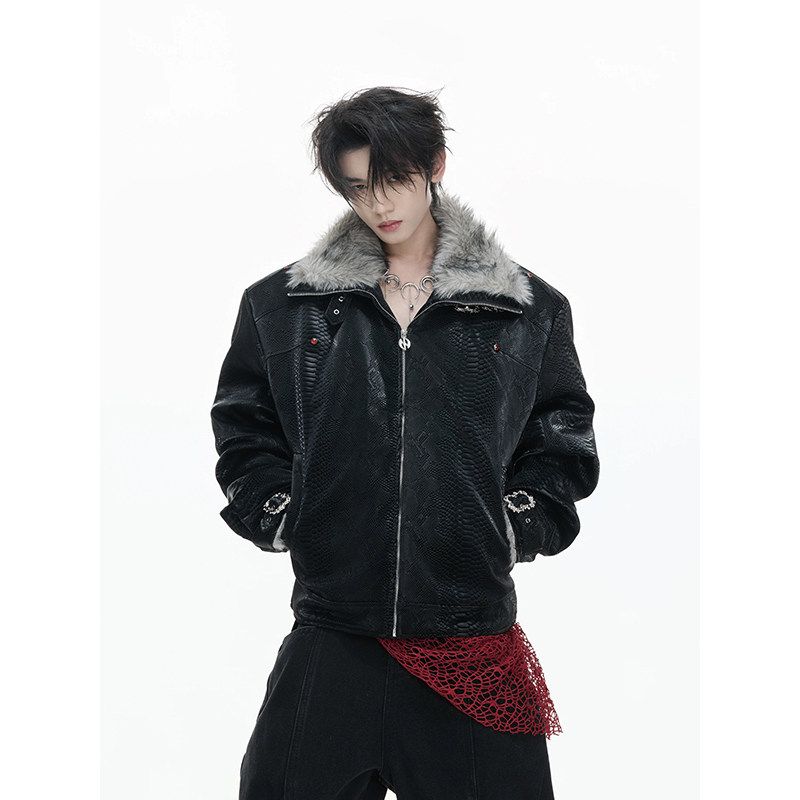 爆~ArguECulturE黑蟒*原创蛇纹肌理感座山雕棉衣外套YY75-P138，男装棉衣，电商A330-1