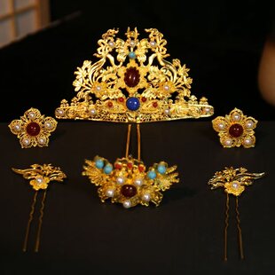 汉服发冠掩鬓发钗全套头饰风华明制狄髻发簪凤簪汉婚女仙重工配饰