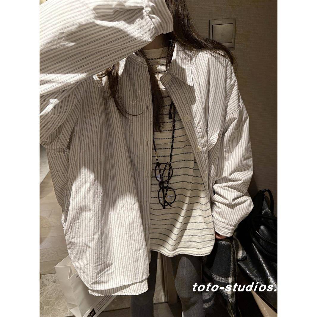 toto韩系慵懒风休闲宽松暗条纹衬衫式棉服女秋冬百搭长袖夹棉外套