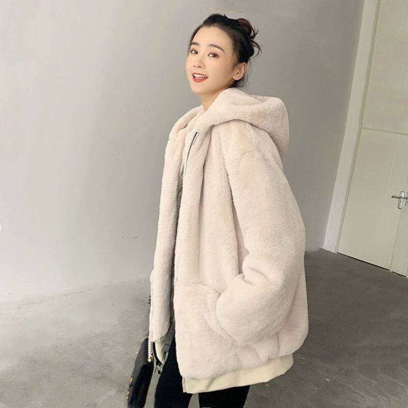 2025秋冬韩版宽松毛绒外套女装仿獭兔毛皮草中长款加厚连帽大衣
