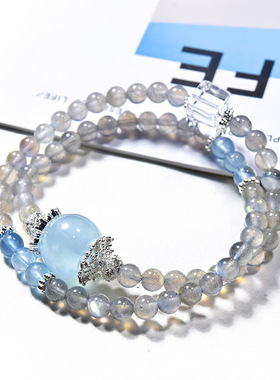 原创设计天然灰月光石多圈强蓝光双圈水晶手链女轻奢小众设计款