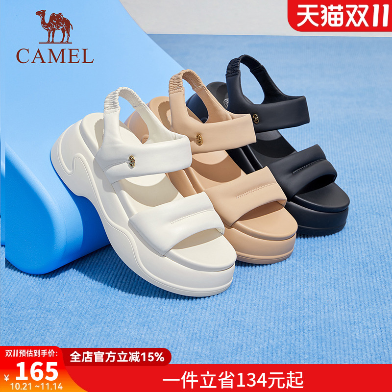 骆驼女鞋2025夏季新款一字带休闲增高厚底沙滩鞋面包运动凉鞋女