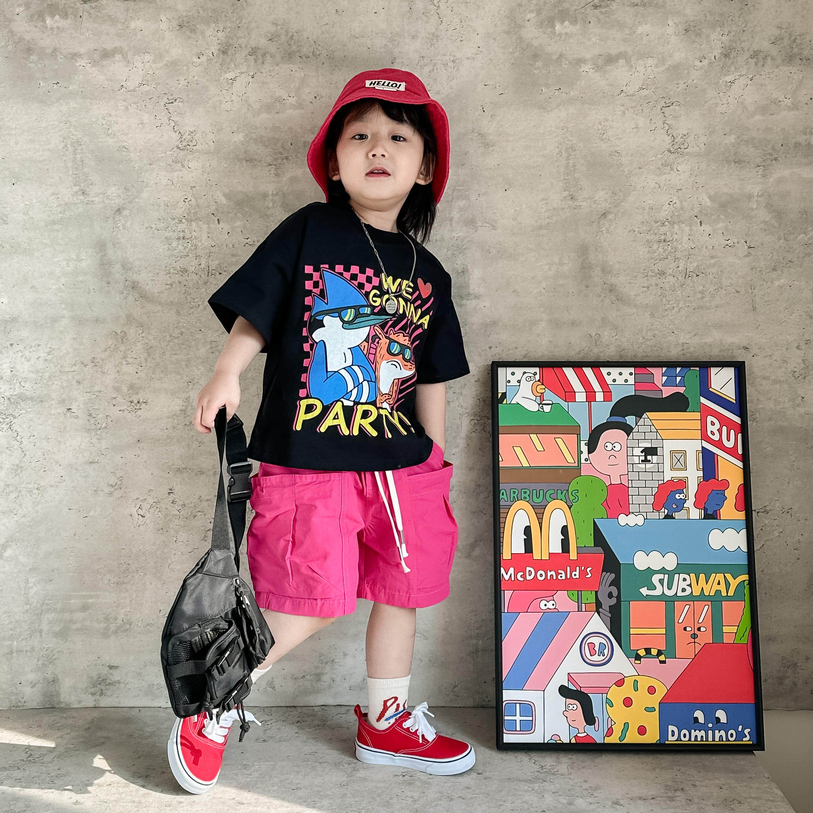 儿童裤子2025夏男女童韩版口袋工装短裤宝宝洋气玫红休闲五分裤潮