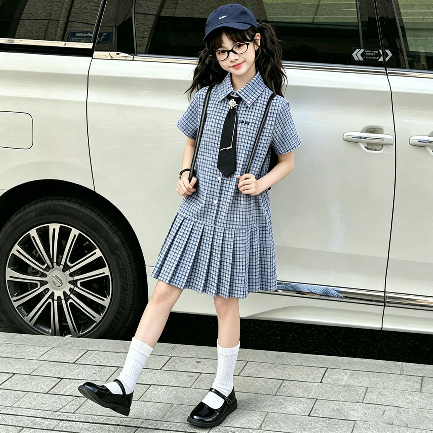 儿童连衣裙2026夏新款女童学院风衬衫格子中大童翻领时尚洋气长裙
