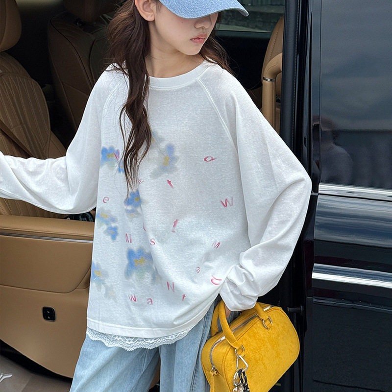 儿童打底衫26夏新款女童时髦花边晕染宽松防晒上衣中大童防晒罩衫