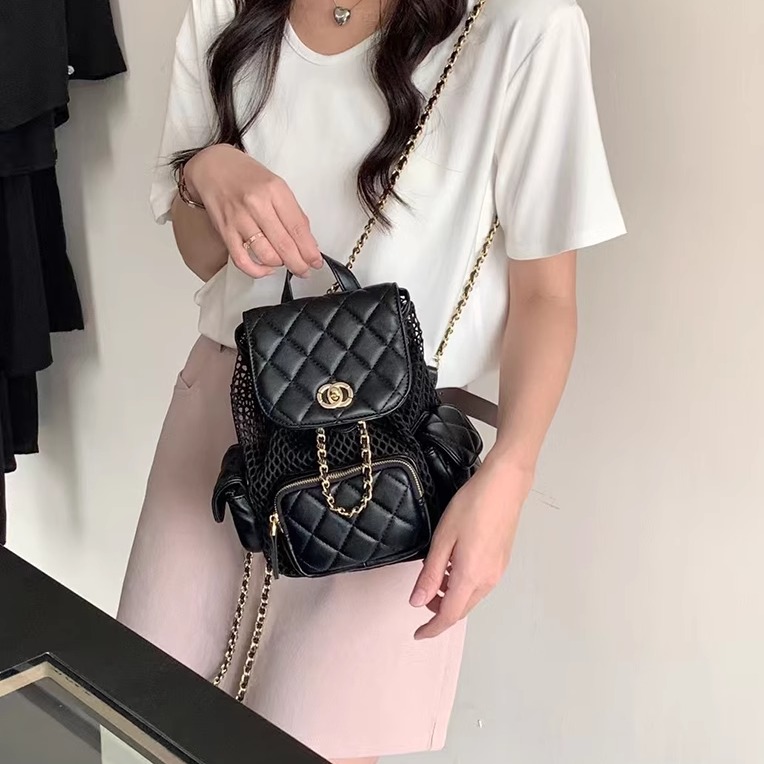 网纱亮面真皮菱格双肩包女高级感时尚小香风链条包迷你小背包书包