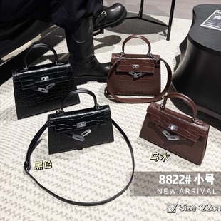 真皮鳄鱼纹二代凯莉包女2025新款上班通勤手拎包宽肩带单肩斜挎包