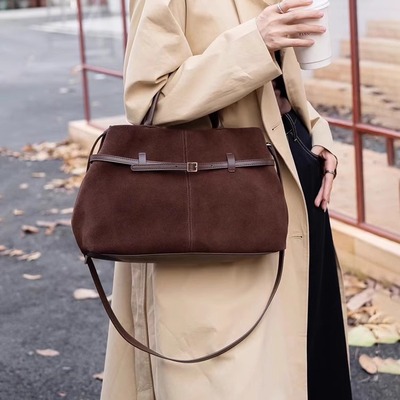 磨砂牛皮托特包小众中古手提包女