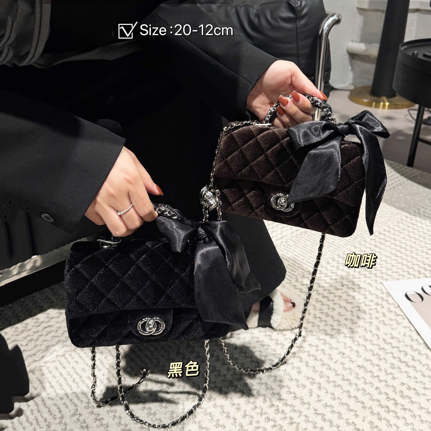 小香风丝绒菱格链条包斜挎小方包