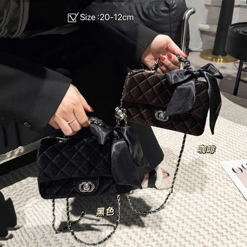 小香风丝绒菱格链条包斜挎小方包