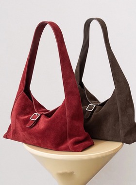 红色磨砂牛皮腋下包hobo包包女小众中古单肩包大容量麂皮绒托特包